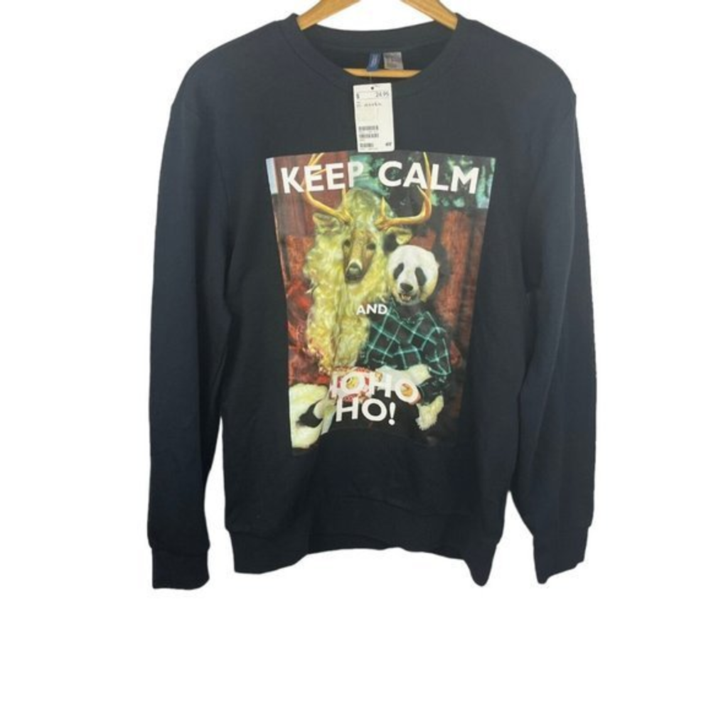 Keep Calm HO HO HO Divided H&M Sz L‎ Sweatshirt Black Christmas Panda Deer Santa